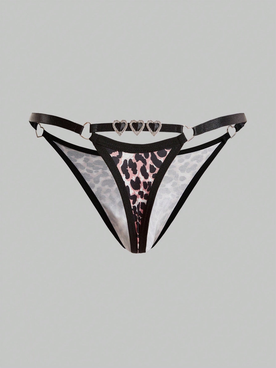 Men's sheer low-rise thong underwear in knitted fabric with rhinestone heart decor, ring detail, and medium-stretch fit.