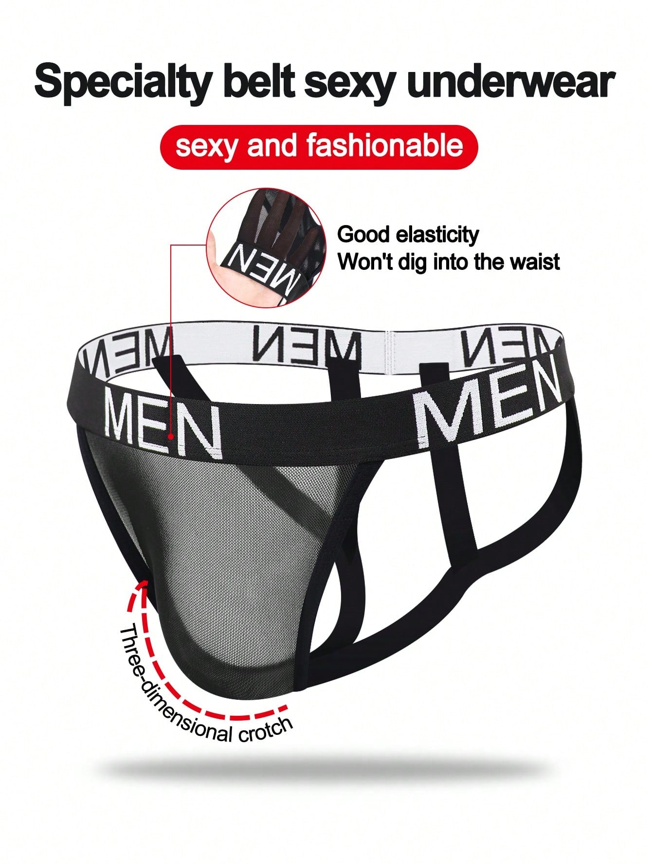 Men's low rise mesh jockstrap underwear with letter pattern, medium stretch fabric, made from 92% polyamide and 8% elastane.