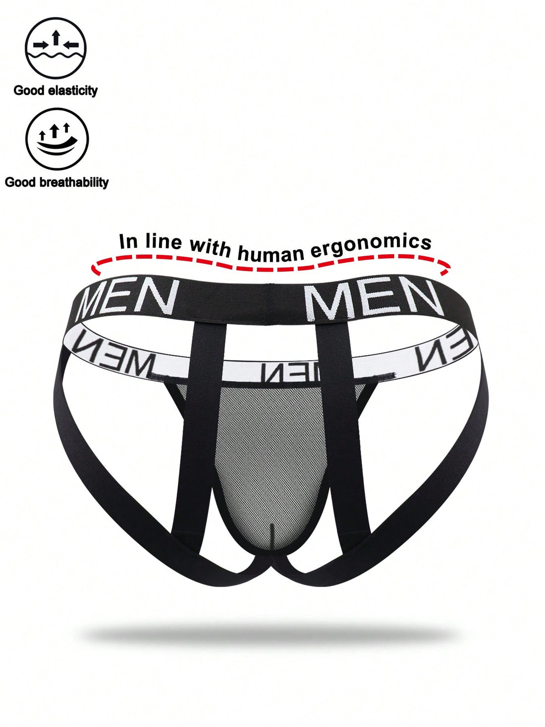 Men's low rise mesh jockstrap underwear with letter pattern, medium stretch fabric, made from 92% polyamide and 8% elastane.