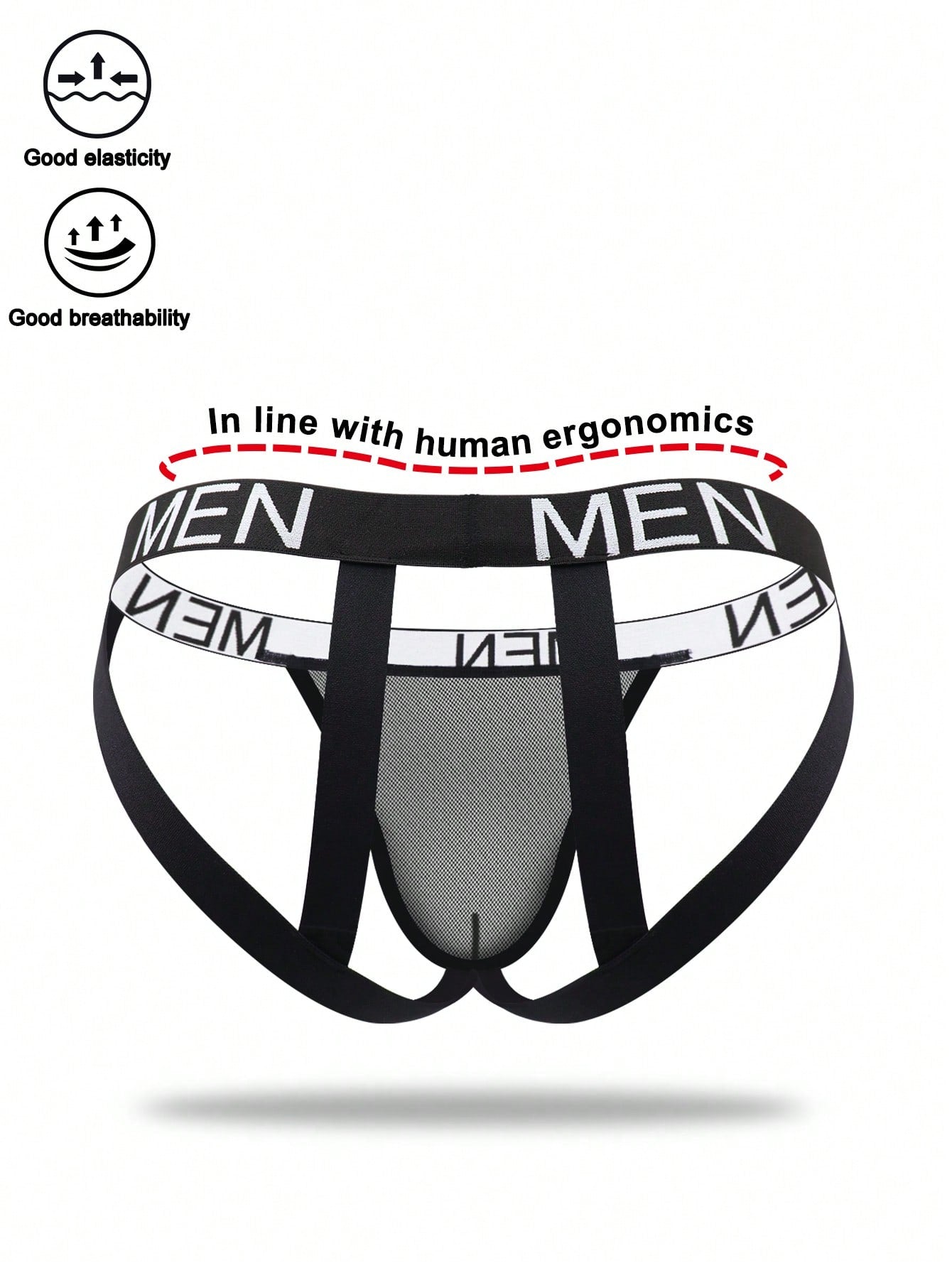 Men's low rise mesh jockstrap underwear with letter pattern, medium stretch fabric, made from 92% polyamide and 8% elastane.