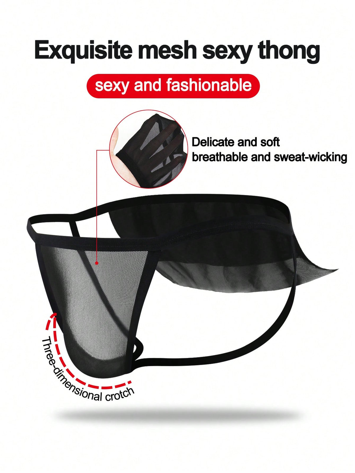 Men's black mesh jockstrap underwear featuring sheer hollow design and low rise fit.