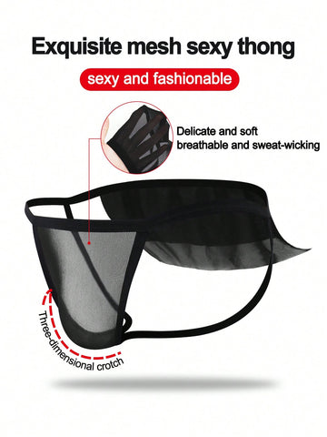 Men's black mesh jockstrap underwear featuring sheer hollow design and low rise fit.