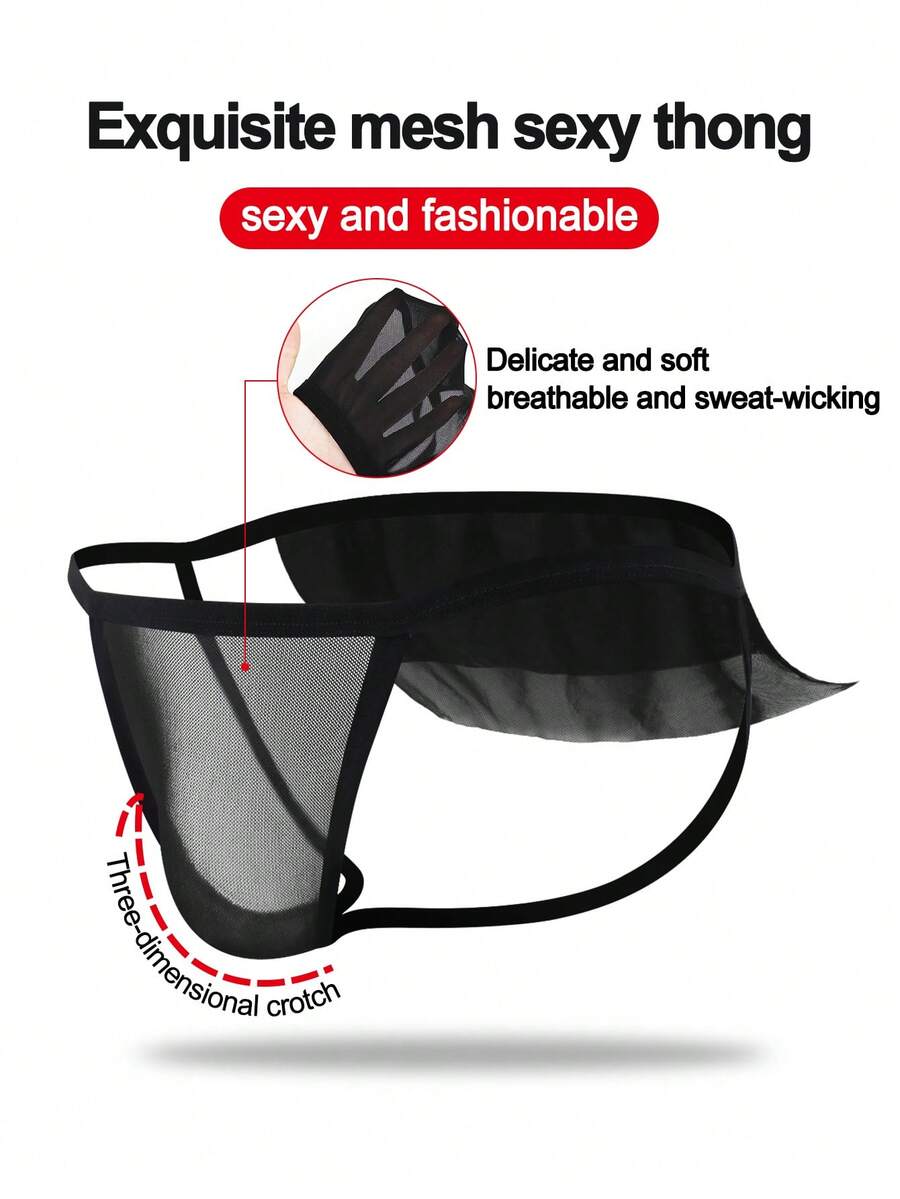 Men's black mesh jockstrap underwear featuring sheer hollow design and low rise fit.
