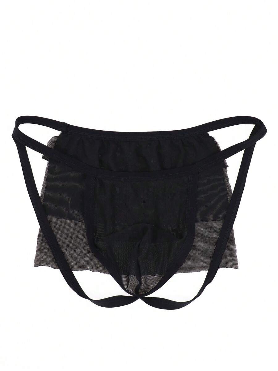 Men's black mesh jockstrap underwear featuring sheer hollow design and low rise fit.