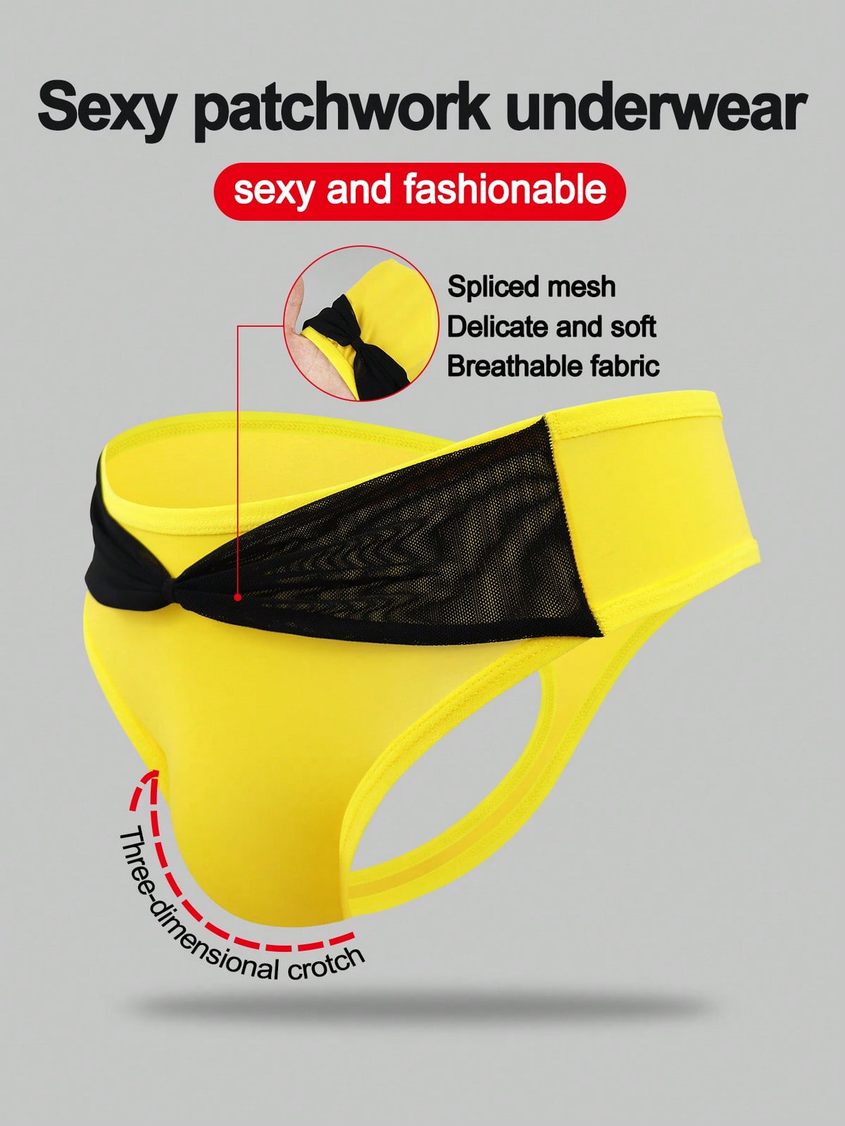 Men's multicolor mid-rise thong underwear featuring contrast mesh details and a colorblock pattern.
