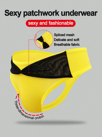 Men's multicolor mid-rise thong underwear featuring contrast mesh details and a colorblock pattern.