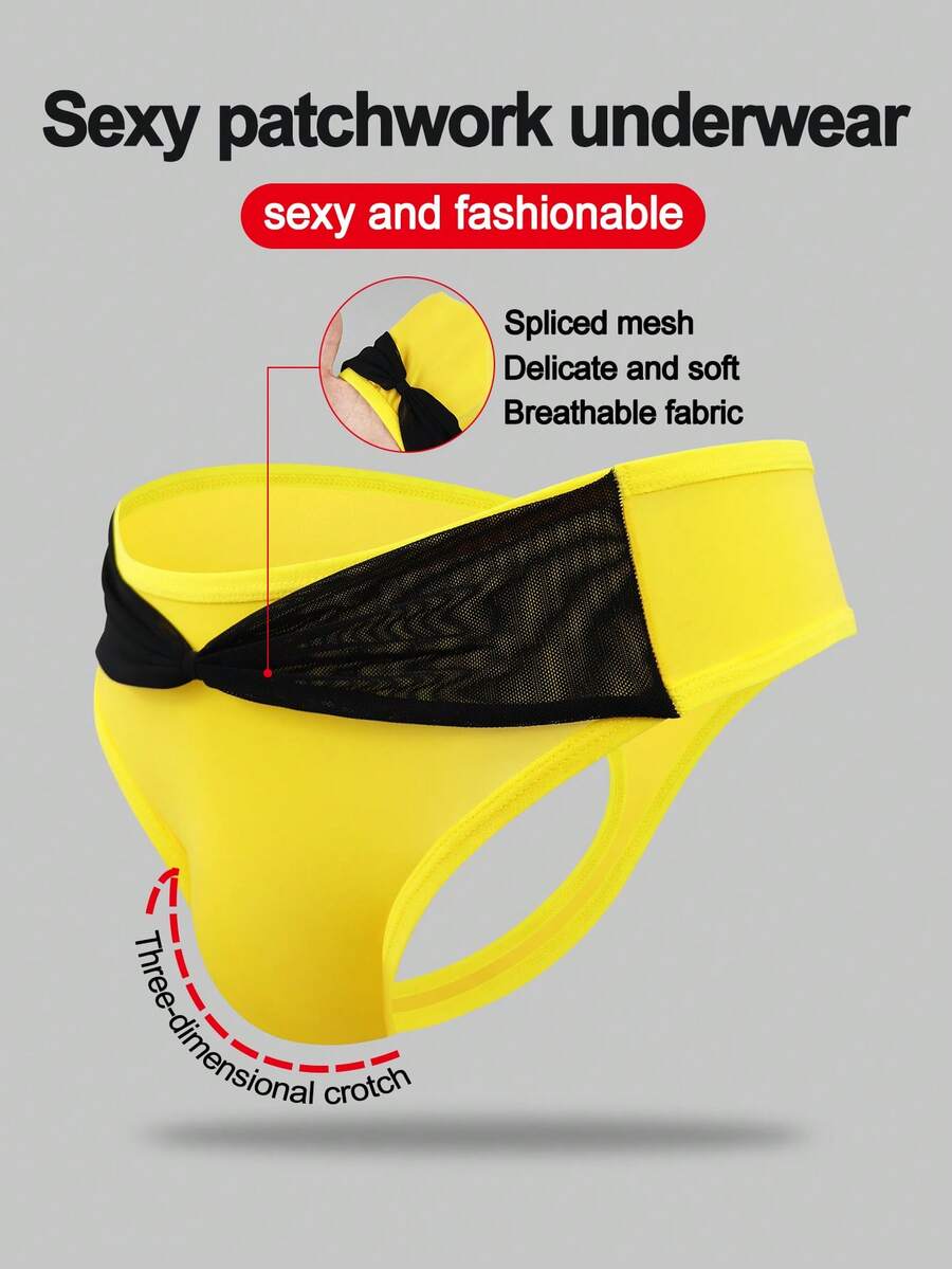 Men's multicolor mid-rise thong underwear featuring contrast mesh details and a colorblock pattern.