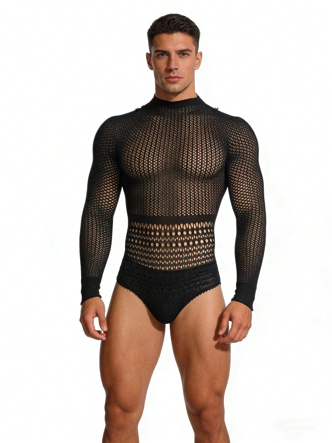 Black fishnet jumpsuit lingerie for men with hollow out detail, sheer knitted fabric, stand collar, high rise fit, and high stretch polyamide construction.