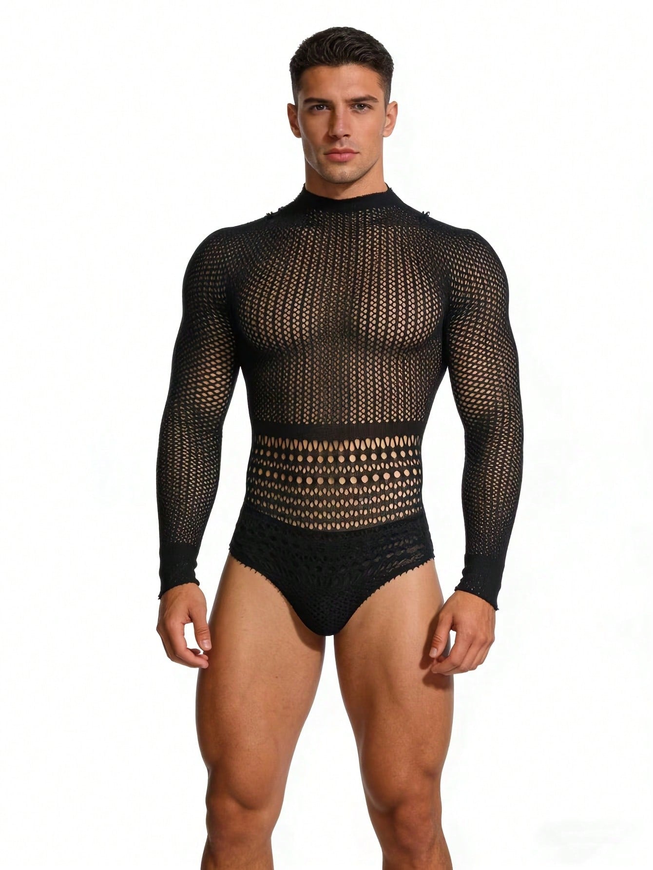 Black fishnet jumpsuit lingerie for men with hollow out detail, sheer knitted fabric, stand collar, high rise fit, and high stretch polyamide construction.