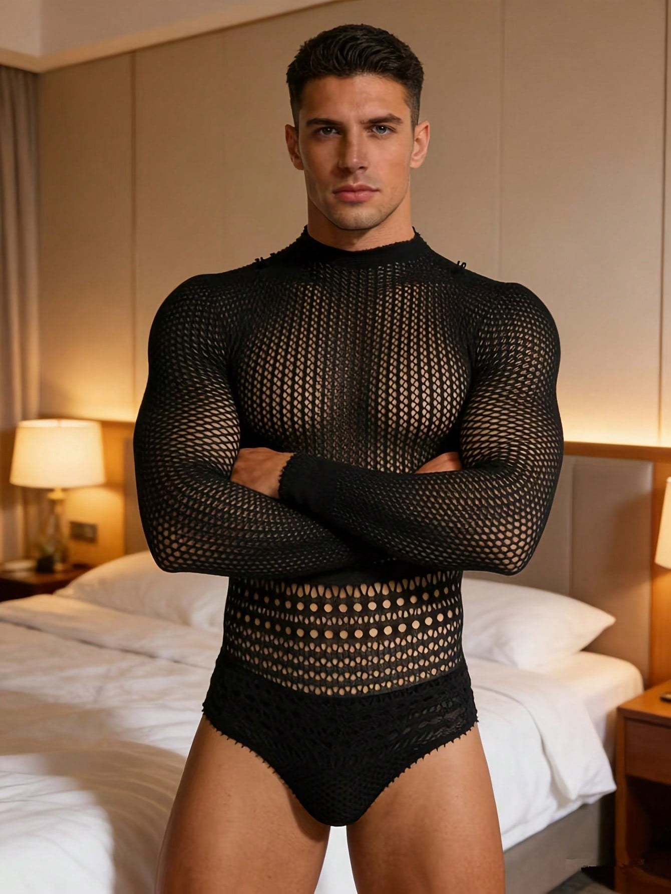 Black fishnet jumpsuit lingerie for men with hollow out detail, sheer knitted fabric, stand collar, high rise fit, and high stretch polyamide construction.