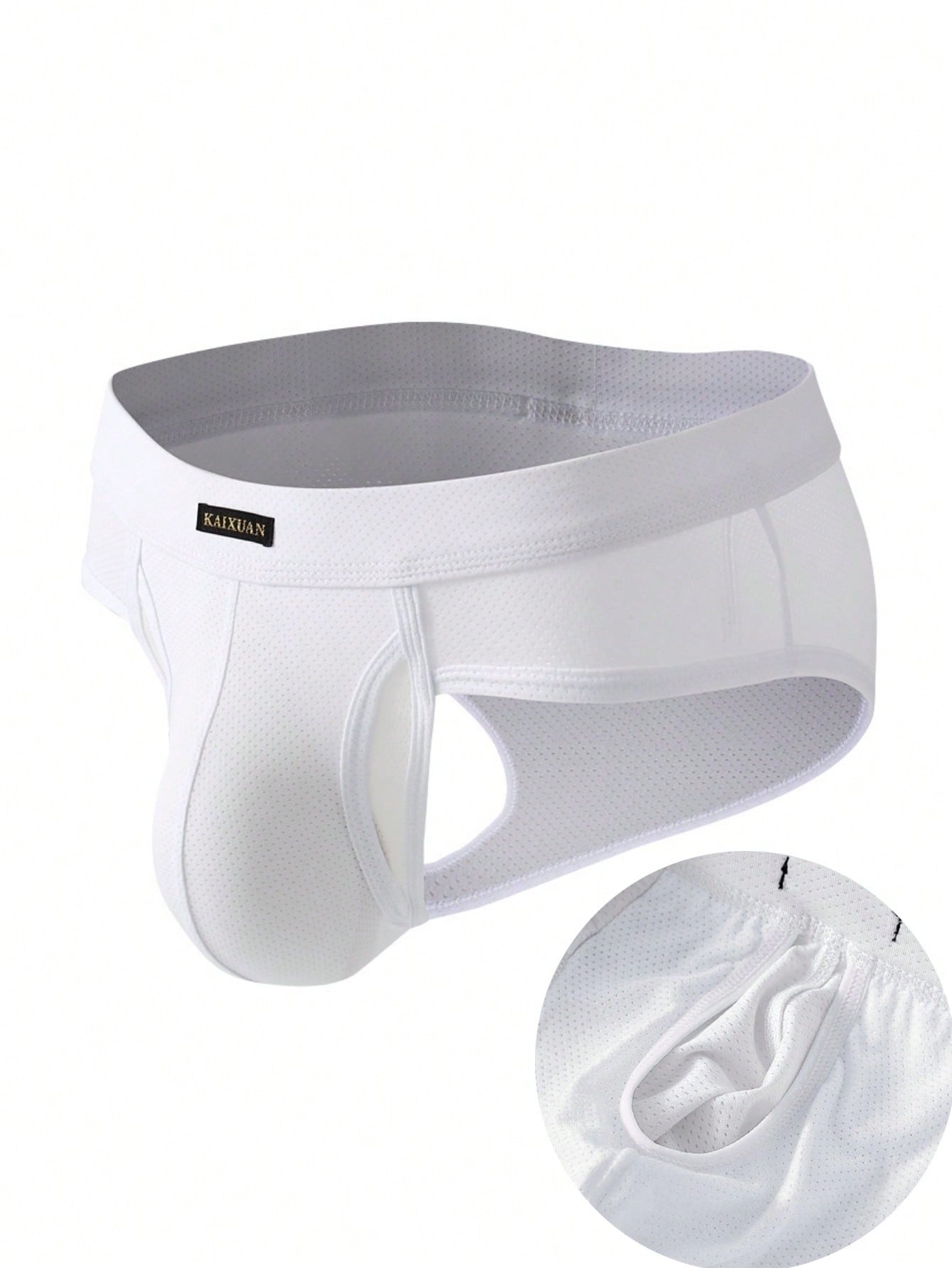 Men's low rise mesh briefs with letter graphic pattern, multicolor design, patched detail, zipper accent, and medium stretch polyester elastane fabric.