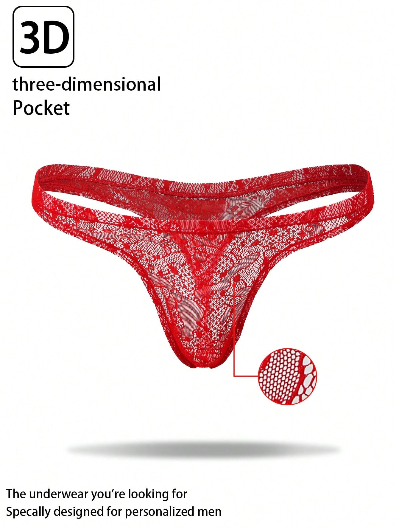 Red lace semi-sheer thong panty with hollow out detail and low rise design, made from stretchy polyamide and elastane blend.