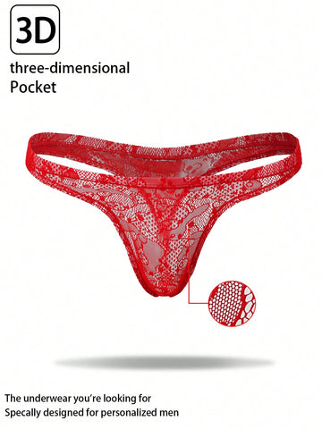Red lace semi-sheer thong panty with hollow out detail and low rise design, made from stretchy polyamide and elastane blend.