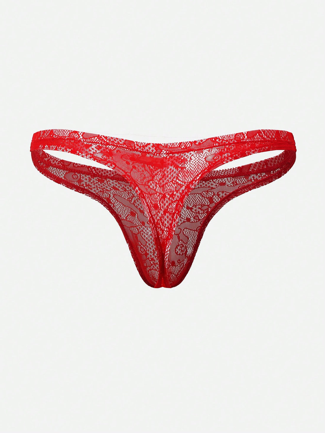 Red lace semi-sheer thong panty with hollow out detail and low rise design, made from stretchy polyamide and elastane blend.