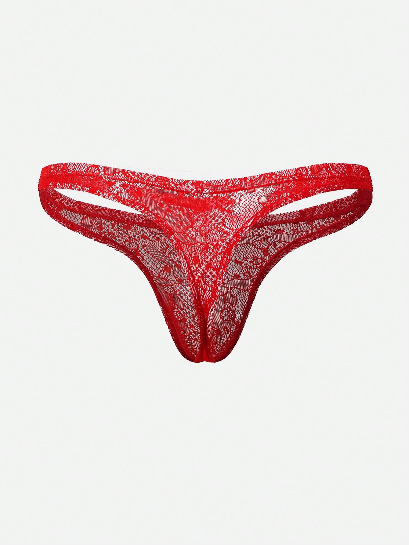 Red lace semi-sheer thong panty with hollow out detail and low rise design, made from stretchy polyamide and elastane blend.