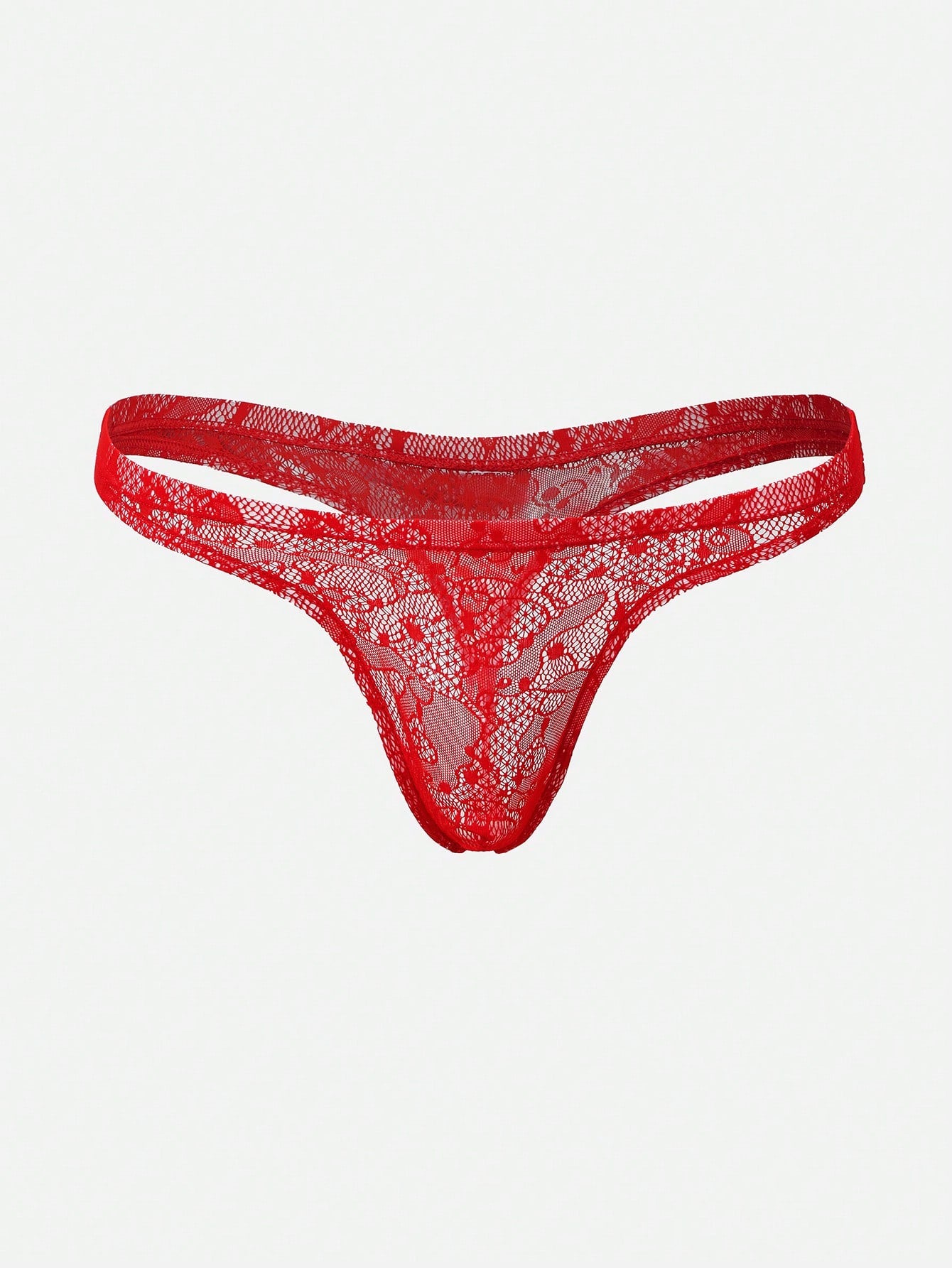 Red lace semi-sheer thong panty with hollow out detail and low rise design, made from stretchy polyamide and elastane blend.