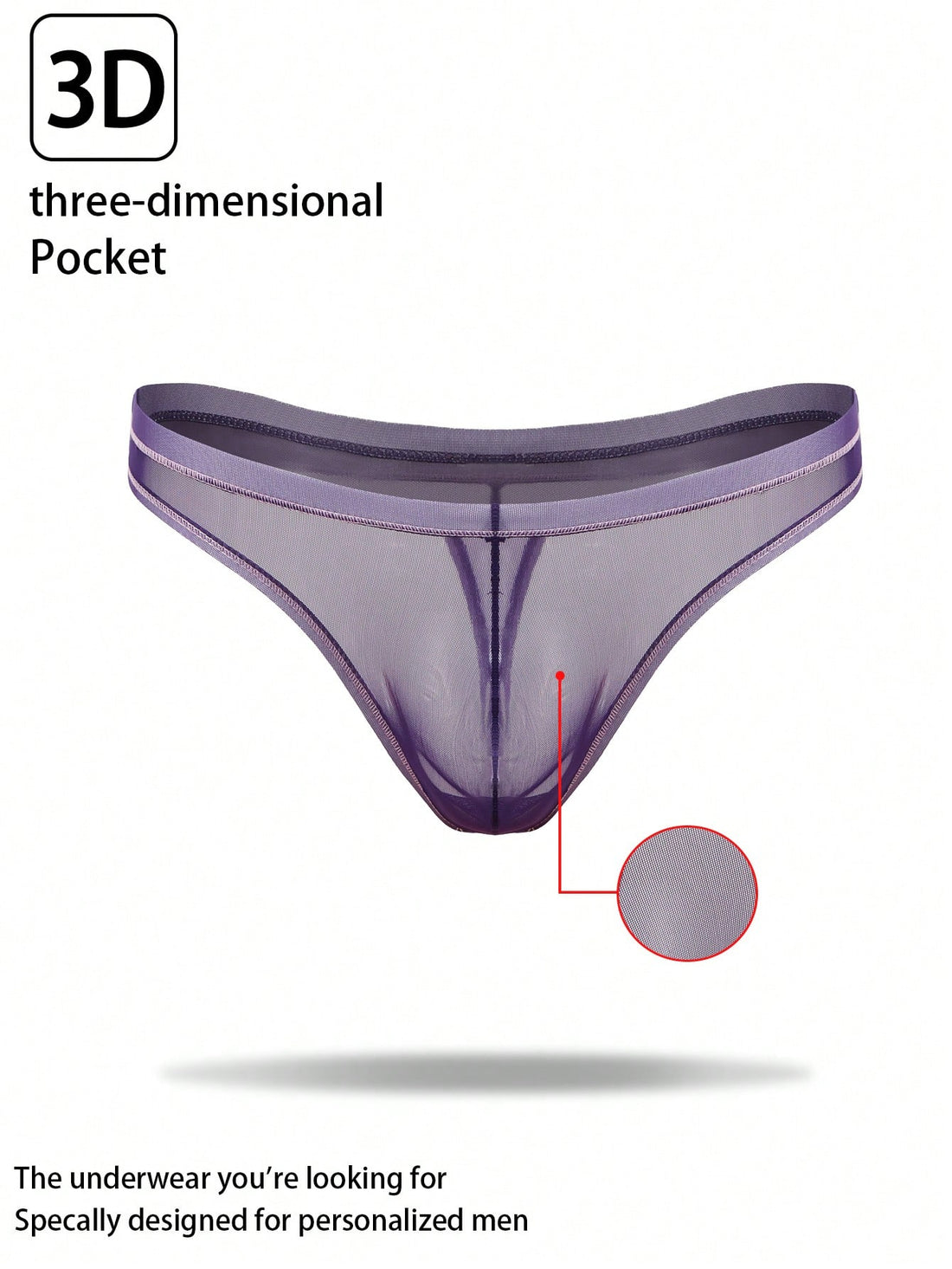 Men's purple semi-sheer mesh thong underwear with low-rise fit, colorblock design, and high-stretch fabric.