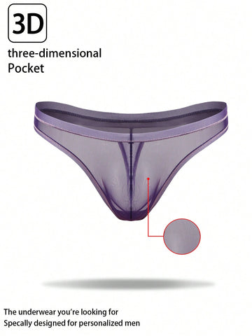 Men's purple semi-sheer mesh thong underwear with low-rise fit, colorblock design, and high-stretch fabric.