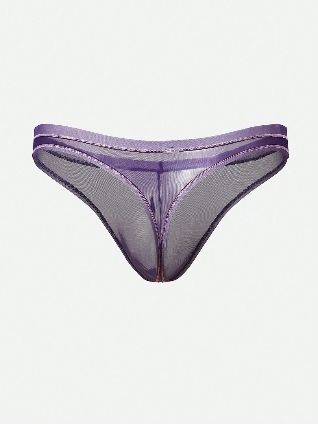 Men's purple semi-sheer mesh thong underwear with low-rise fit, colorblock design, and high-stretch fabric.