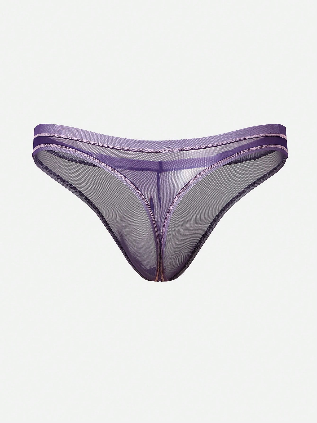 Men's purple semi-sheer mesh thong underwear with low-rise fit, colorblock design, and high-stretch fabric.