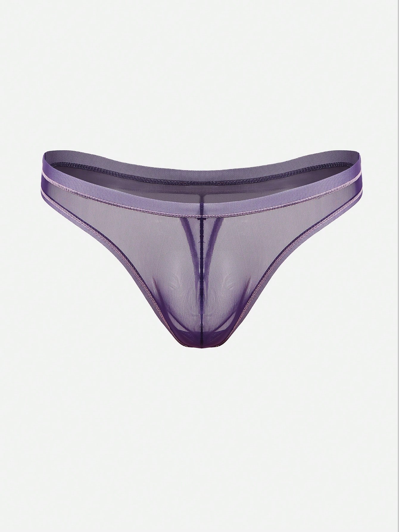 Men's purple semi-sheer mesh thong underwear with low-rise fit, colorblock design, and high-stretch fabric.