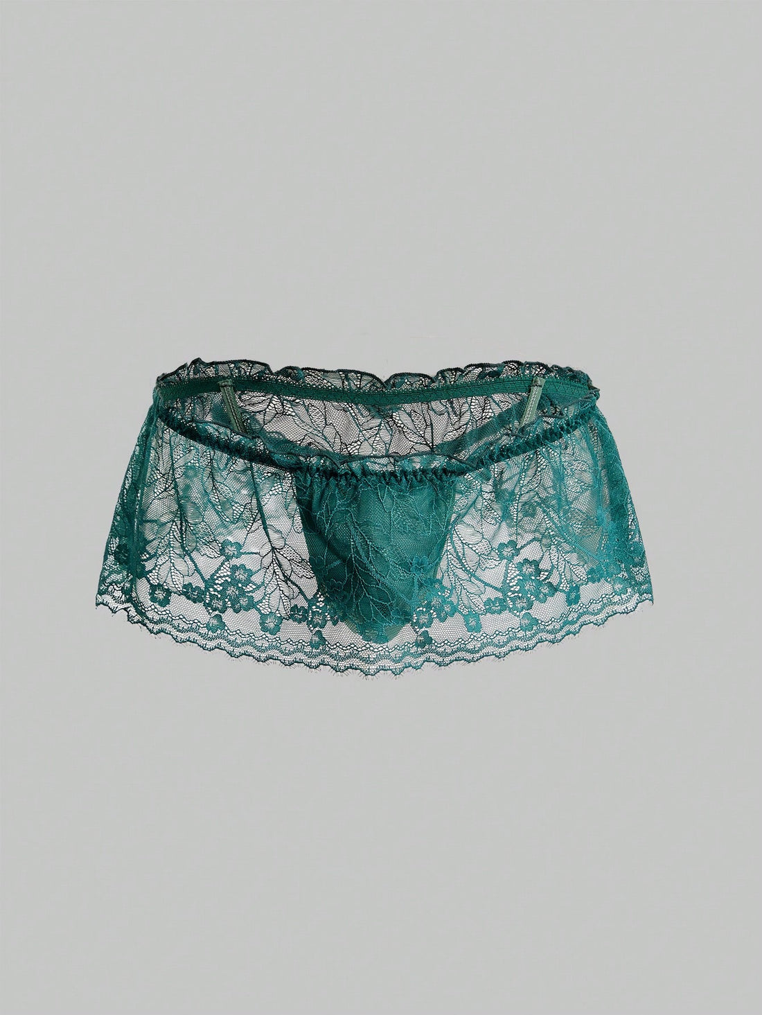 Dark green men's lace thong underwear with semi-sheer contrast lace, low-rise fit, and knitted stretch fabric.