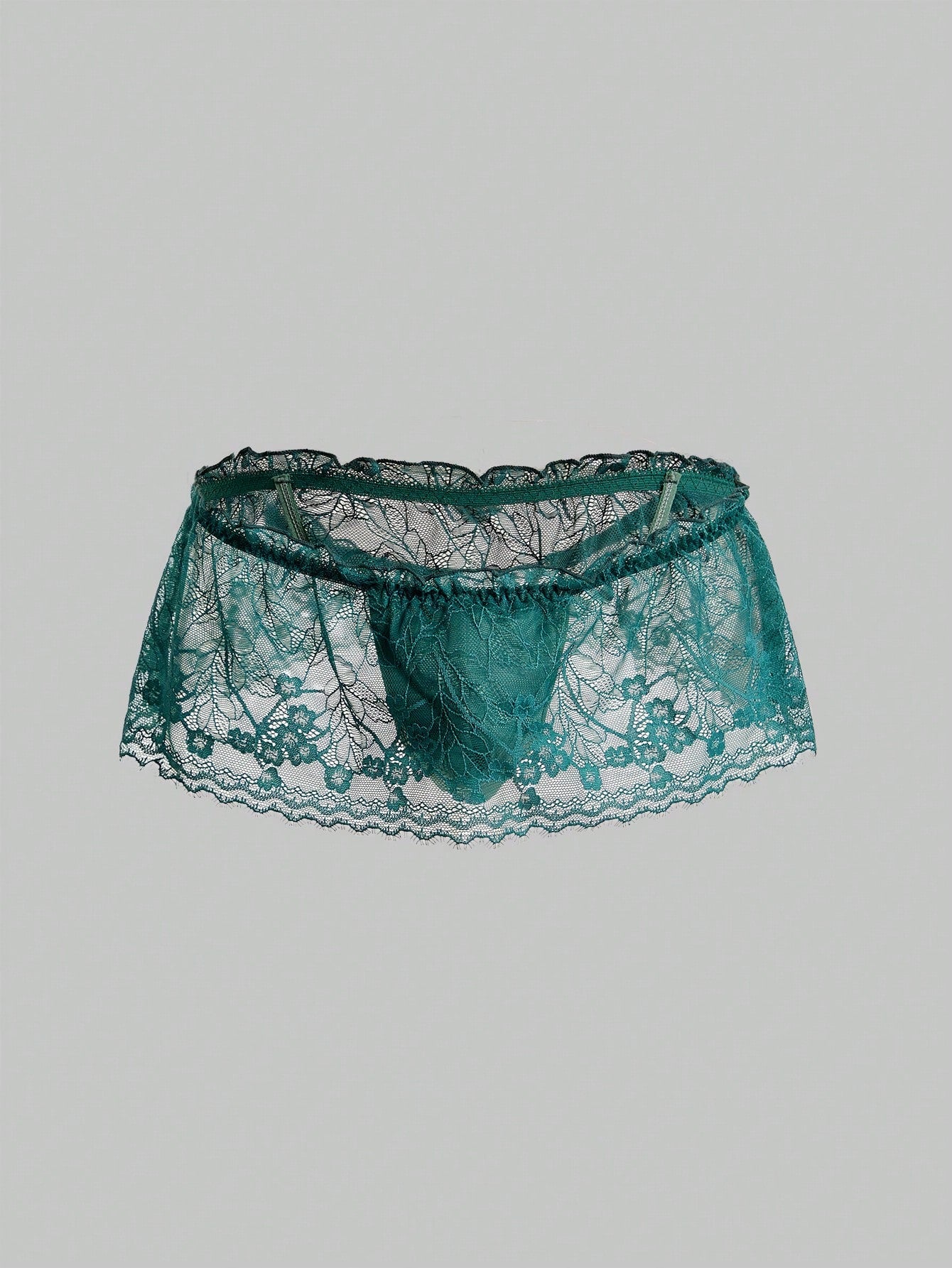 Dark green men's lace thong underwear with semi-sheer contrast lace, low-rise fit, and knitted stretch fabric.