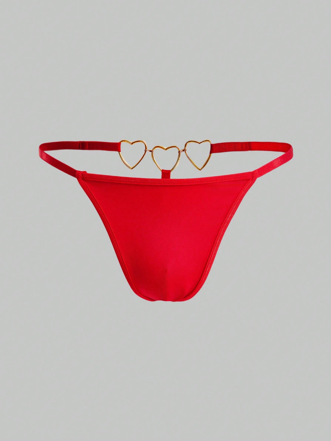 Men's red low rise thong briefs with chain decor, plain knitted fabric, high stretch polyester spandex blend, unlined and non-sheer.