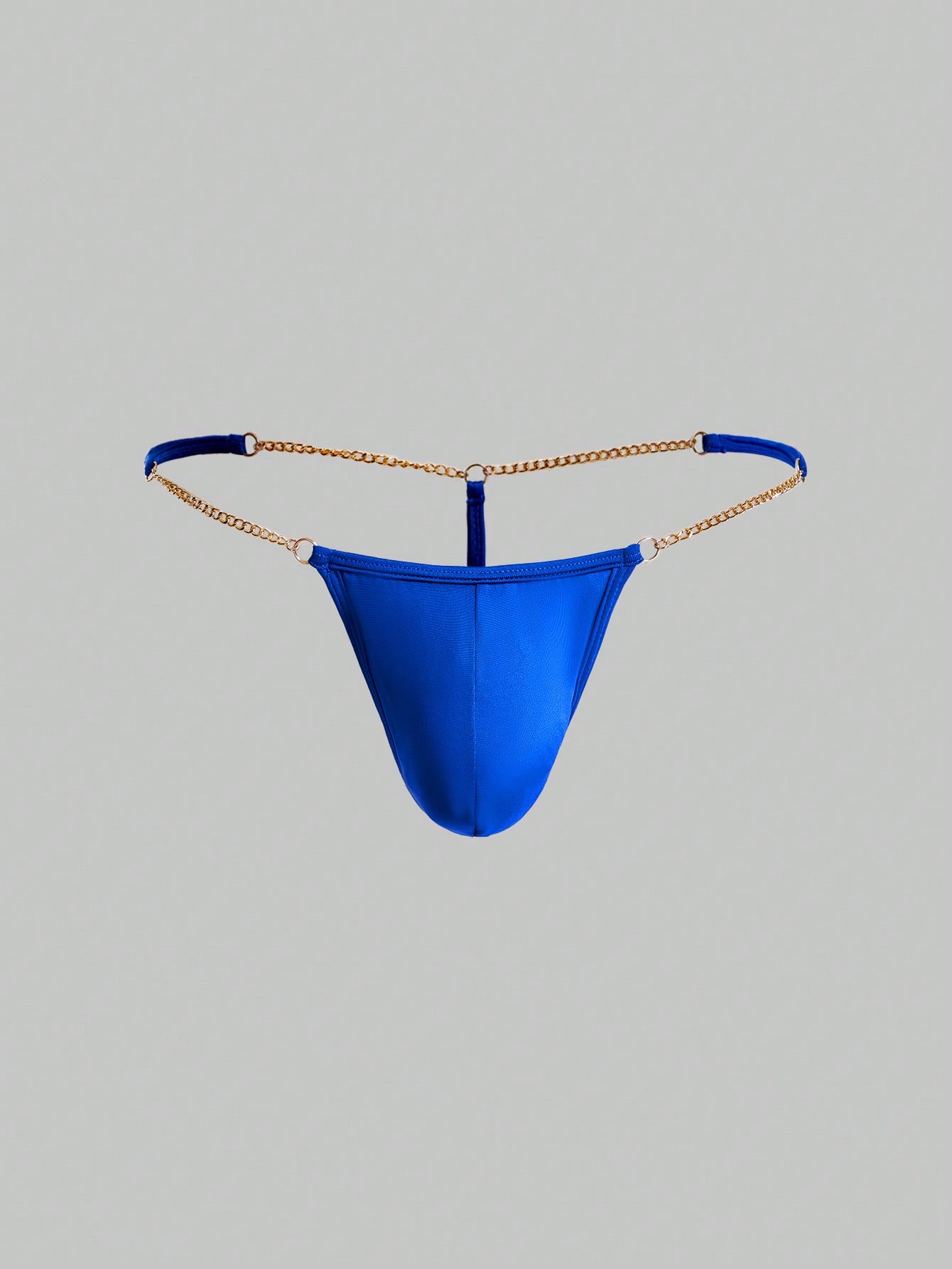 Men's low-rise thong underwear with metal chain detail, colorblock design, and high-stretch knitted fabric in a V-string style.