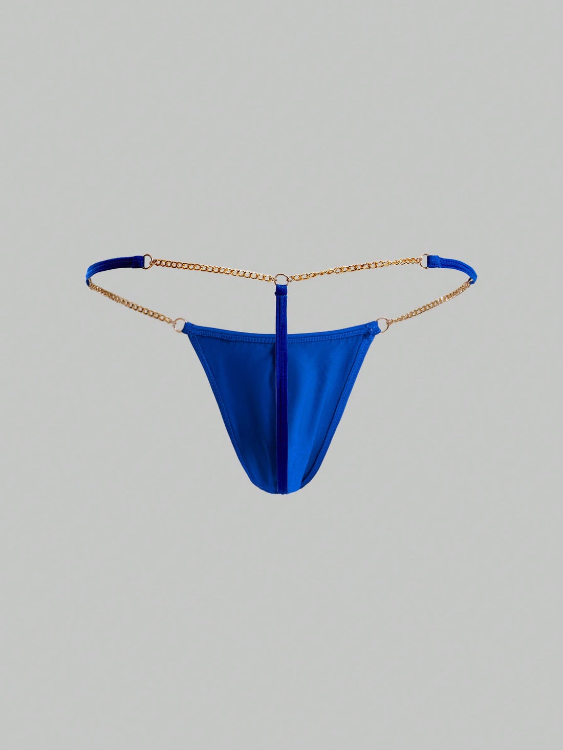 Men's low-rise thong underwear with metal chain detail, colorblock design, and high-stretch knitted fabric in a V-string style.