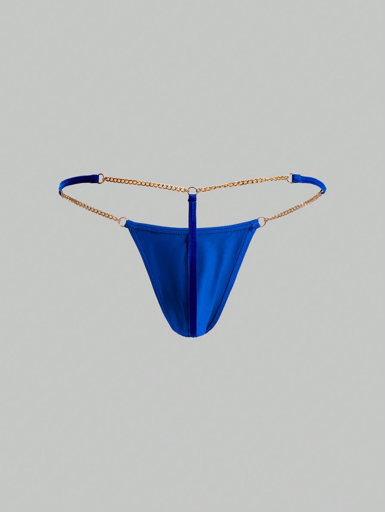 Men's low-rise thong underwear with metal chain detail, colorblock design, and high-stretch knitted fabric in a V-string style.