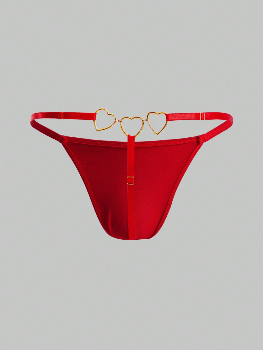 Men's red low rise thong briefs with chain decor, plain knitted fabric, high stretch polyester spandex blend, unlined and non-sheer.