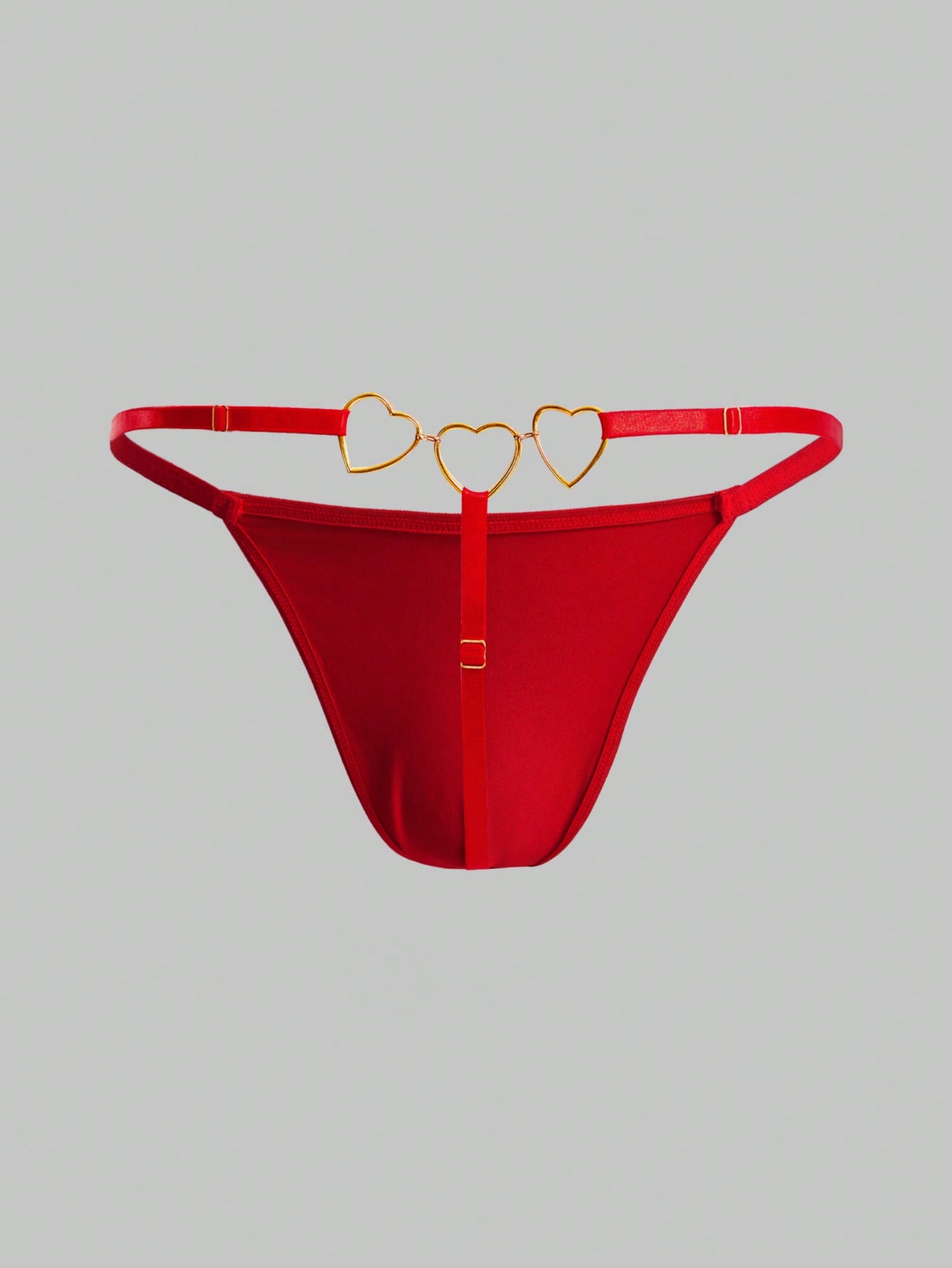 Men's red low rise thong briefs with chain decor, plain knitted fabric, high stretch polyester spandex blend, unlined and non-sheer.