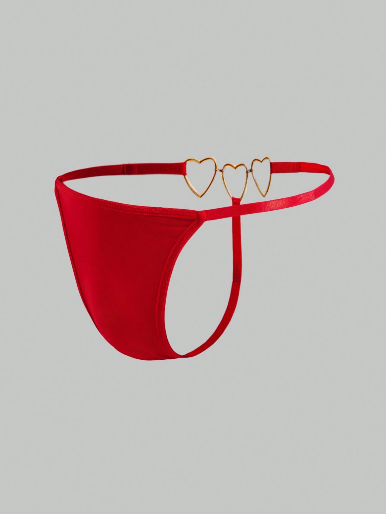 Men's red low rise thong briefs with chain decor, plain knitted fabric, high stretch polyester spandex blend, unlined and non-sheer.