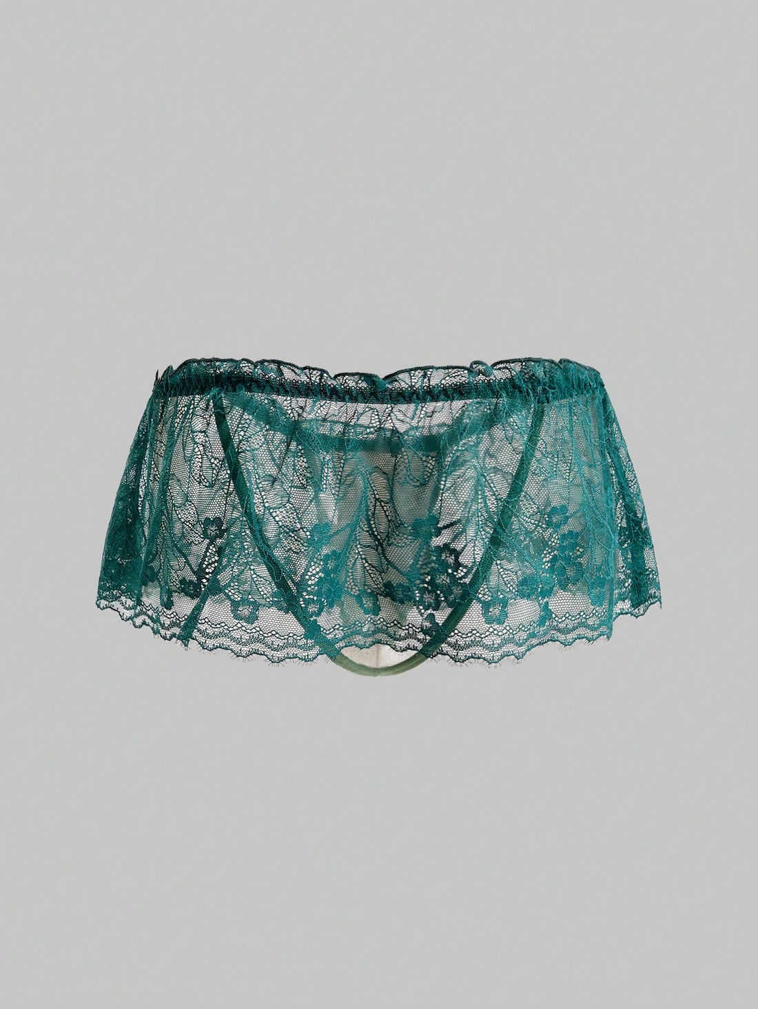 Dark green men's lace thong underwear with semi-sheer contrast lace, low-rise fit, and knitted stretch fabric.