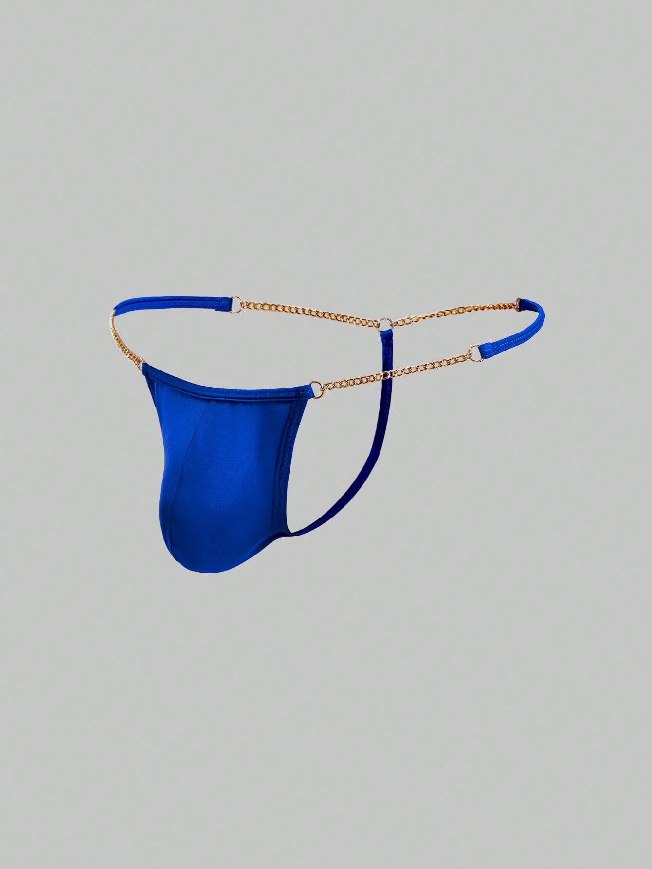 Men's low-rise thong underwear with metal chain detail, colorblock design, and high-stretch knitted fabric in a V-string style.