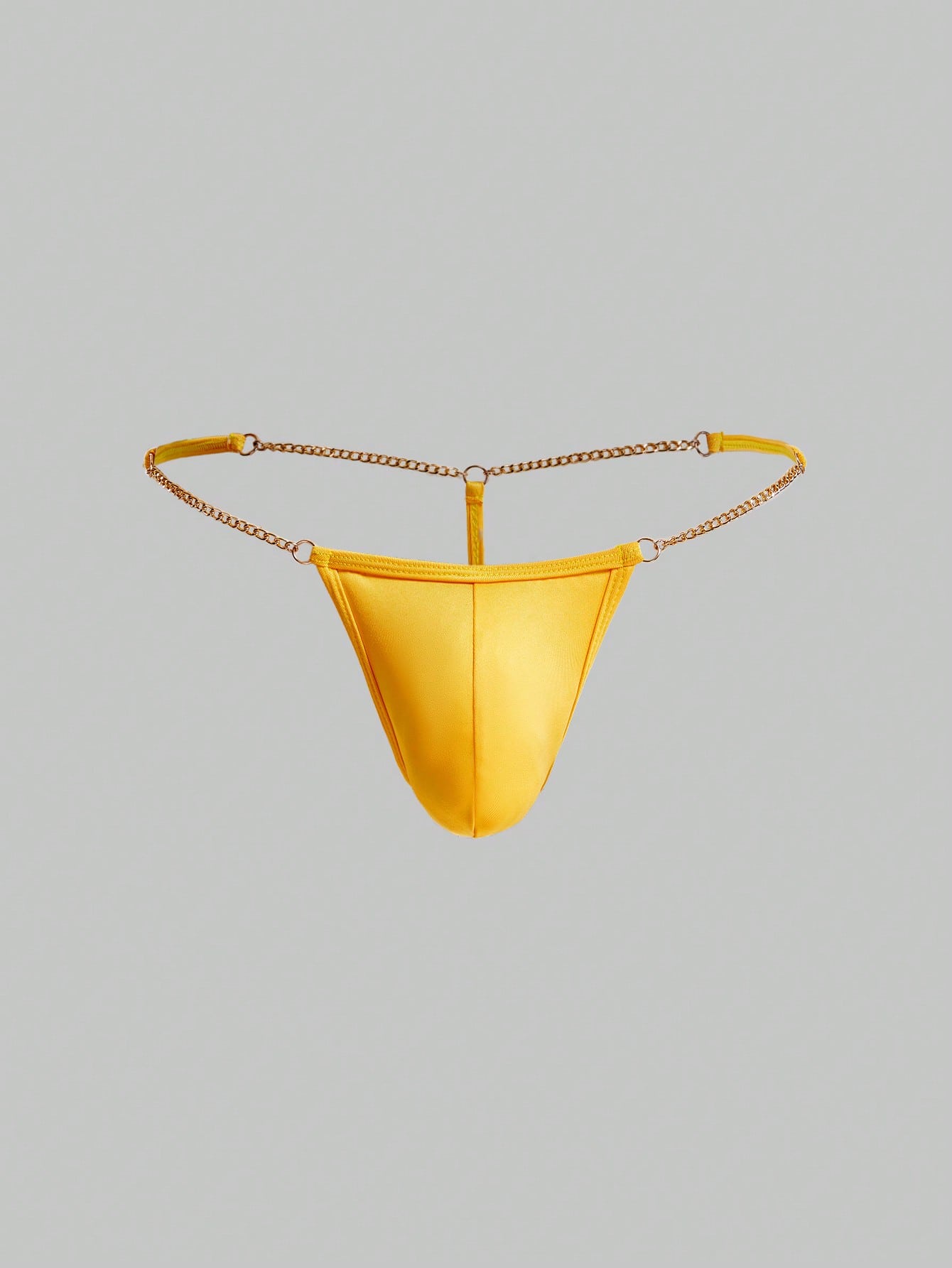 Men's low-rise thong underwear with metal chain detail, colorblock design, and high-stretch knitted fabric in a V-string style.