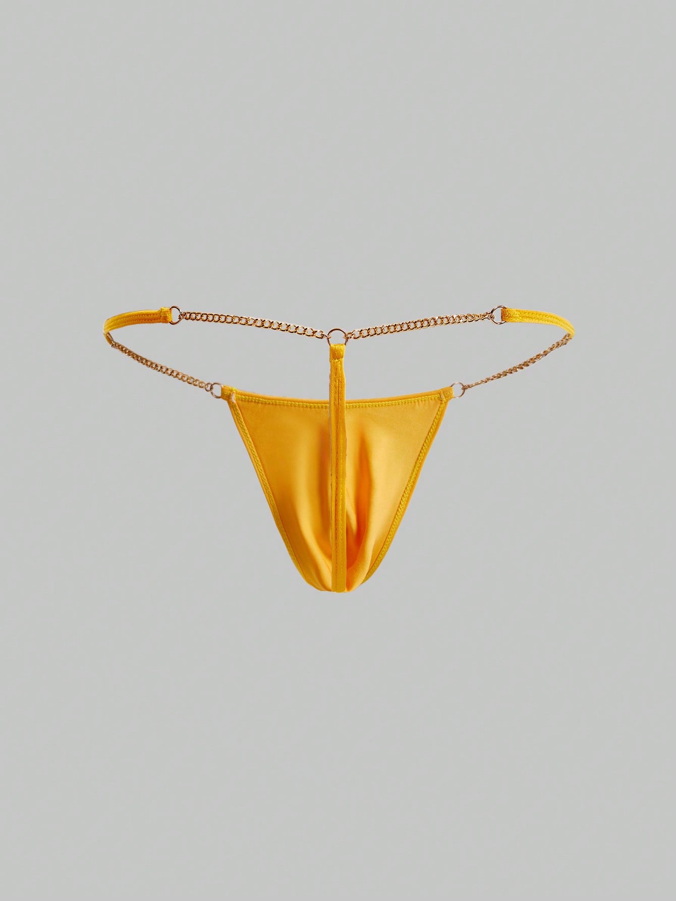 Men's low-rise thong underwear with metal chain detail, colorblock design, and high-stretch knitted fabric in a V-string style.