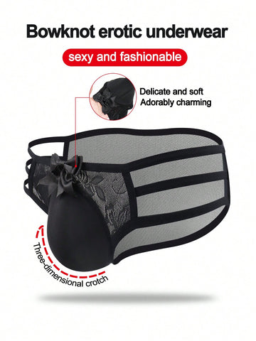 Men's black low-rise hollow mesh briefs featuring a zipper detail and striped pattern.
