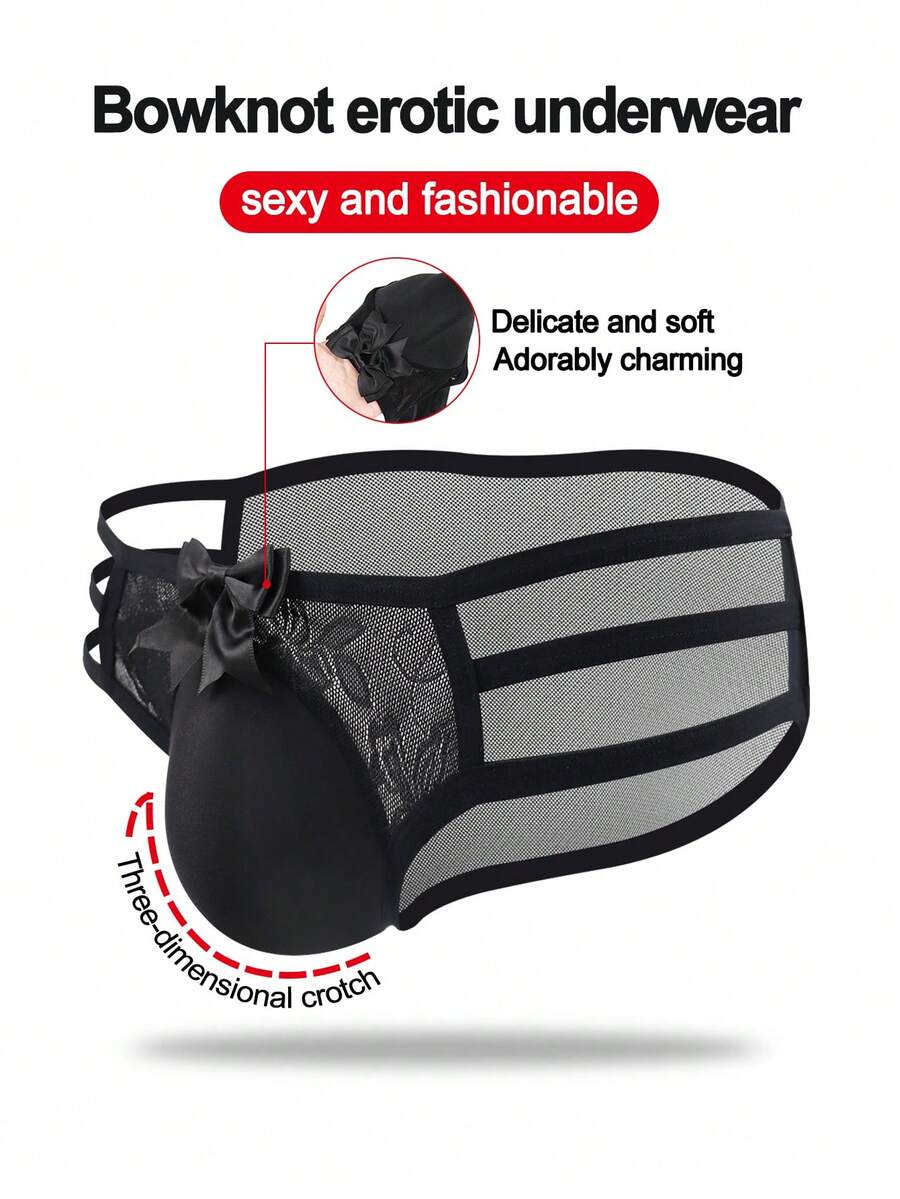 Men's black low-rise hollow mesh briefs featuring a zipper detail and striped pattern.
