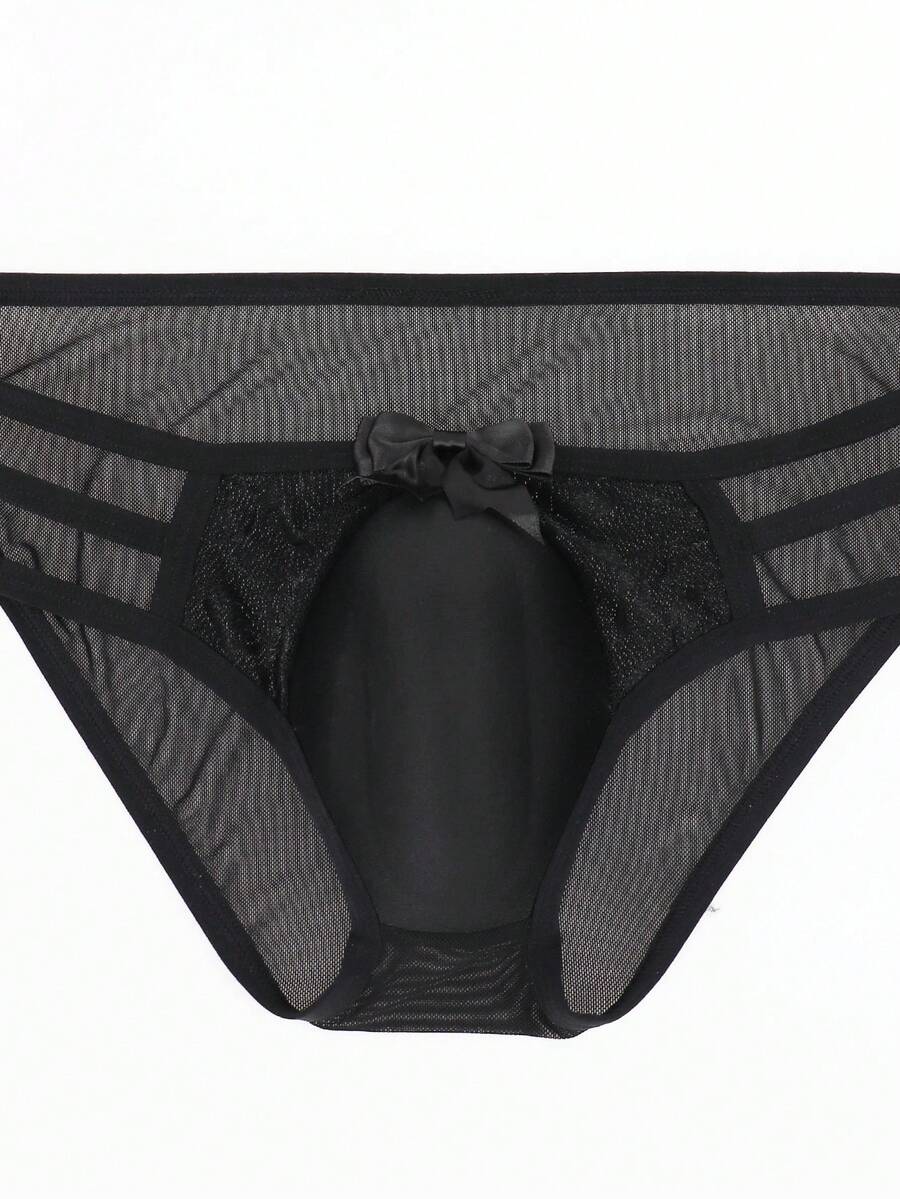 Men's black low-rise hollow mesh briefs featuring a zipper detail and striped pattern.