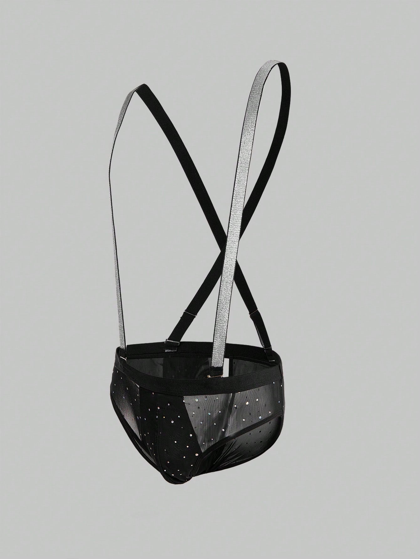Black men's lingerie briefs with a backless low rise design, plain pattern, and high-stretch knitted fabric for party wear.