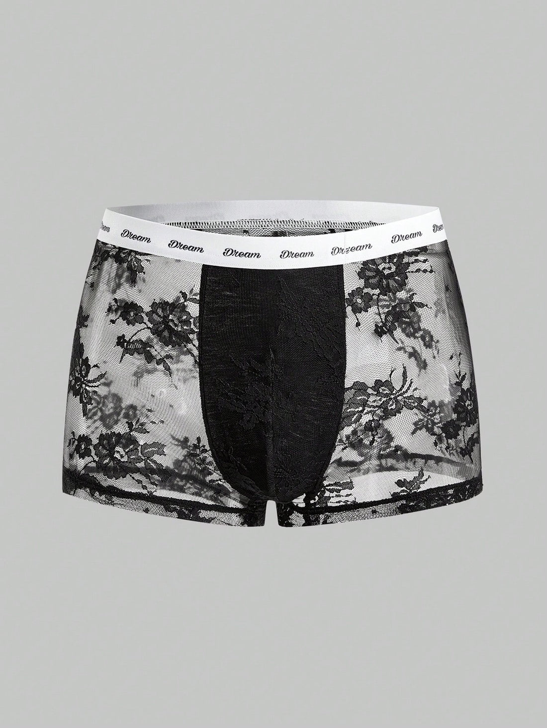 Men's black and white lace trim briefs with letter and plant pattern, regular fit, slight stretch, made from polyamide and elastane.