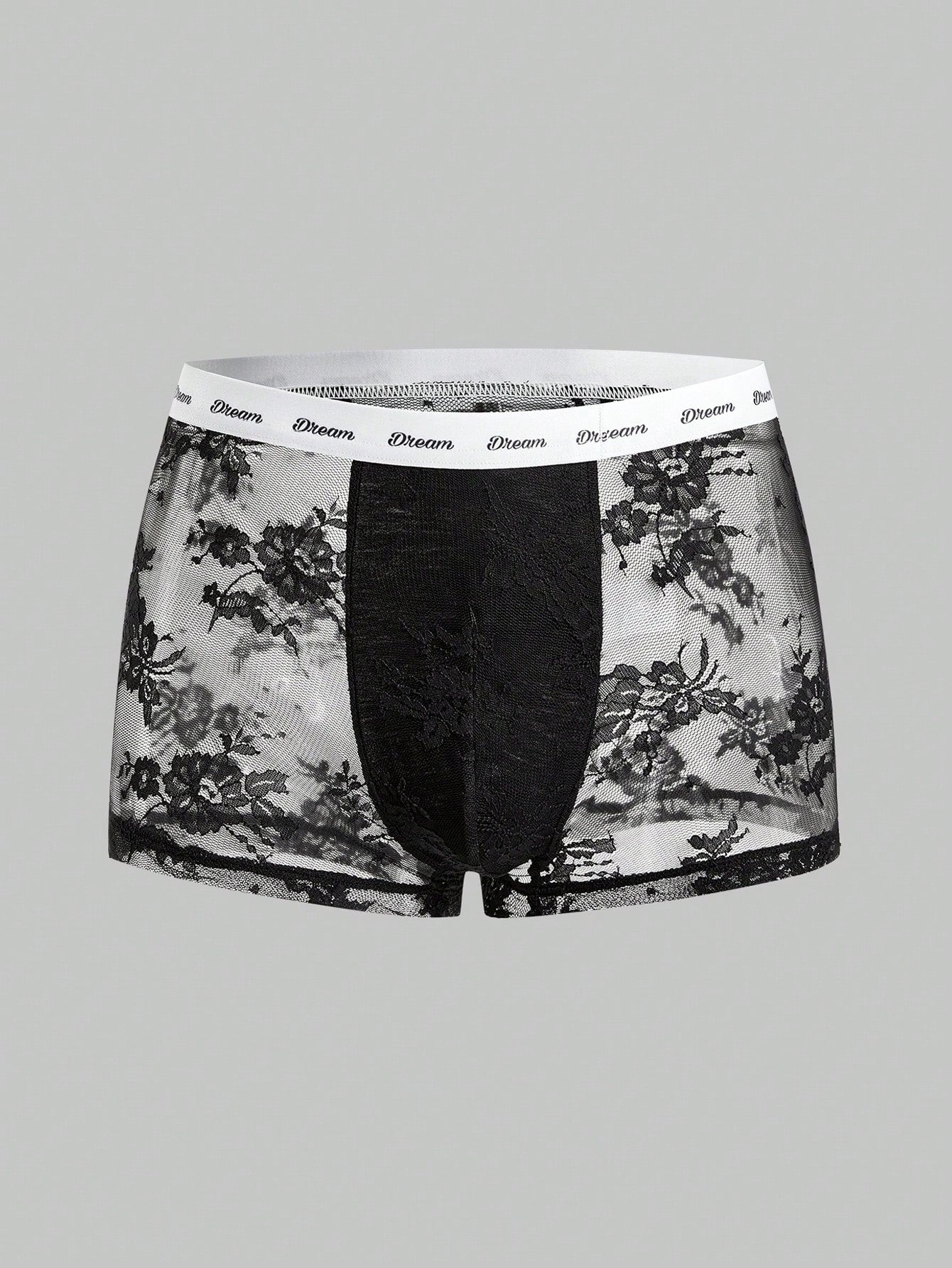 Men's black and white lace trim briefs with letter and plant pattern, regular fit, slight stretch, made from polyamide and elastane.