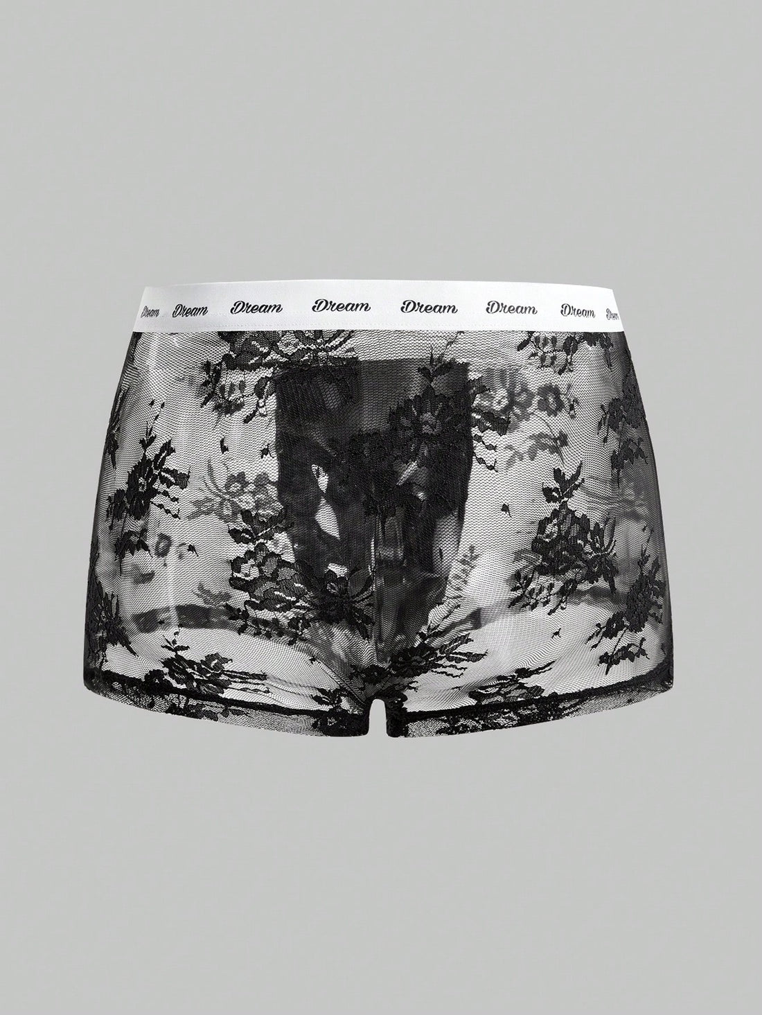 Men's black and white lace trim briefs with letter and plant pattern, regular fit, slight stretch, made from polyamide and elastane.