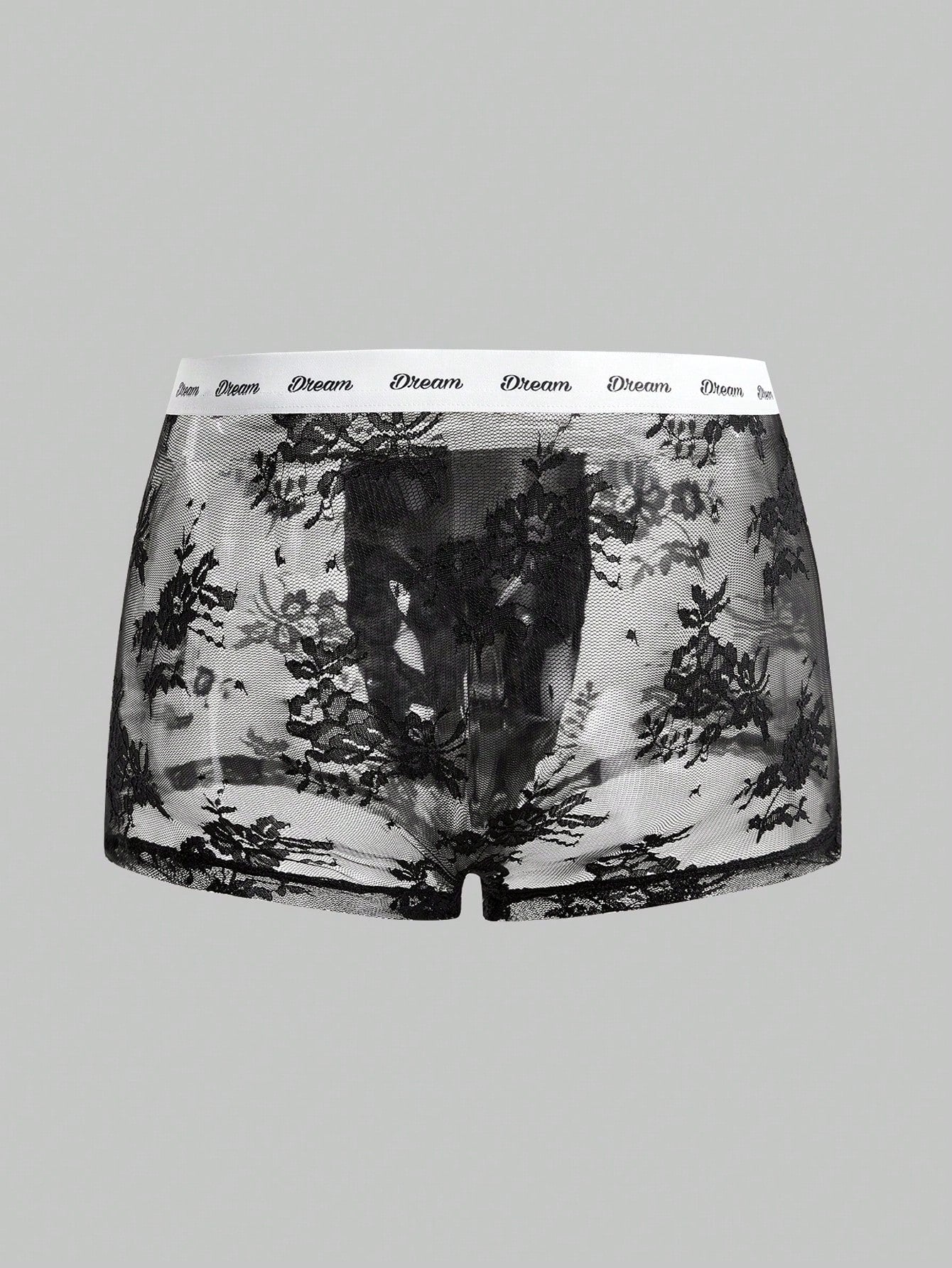 Men's black and white lace trim briefs with letter and plant pattern, regular fit, slight stretch, made from polyamide and elastane.