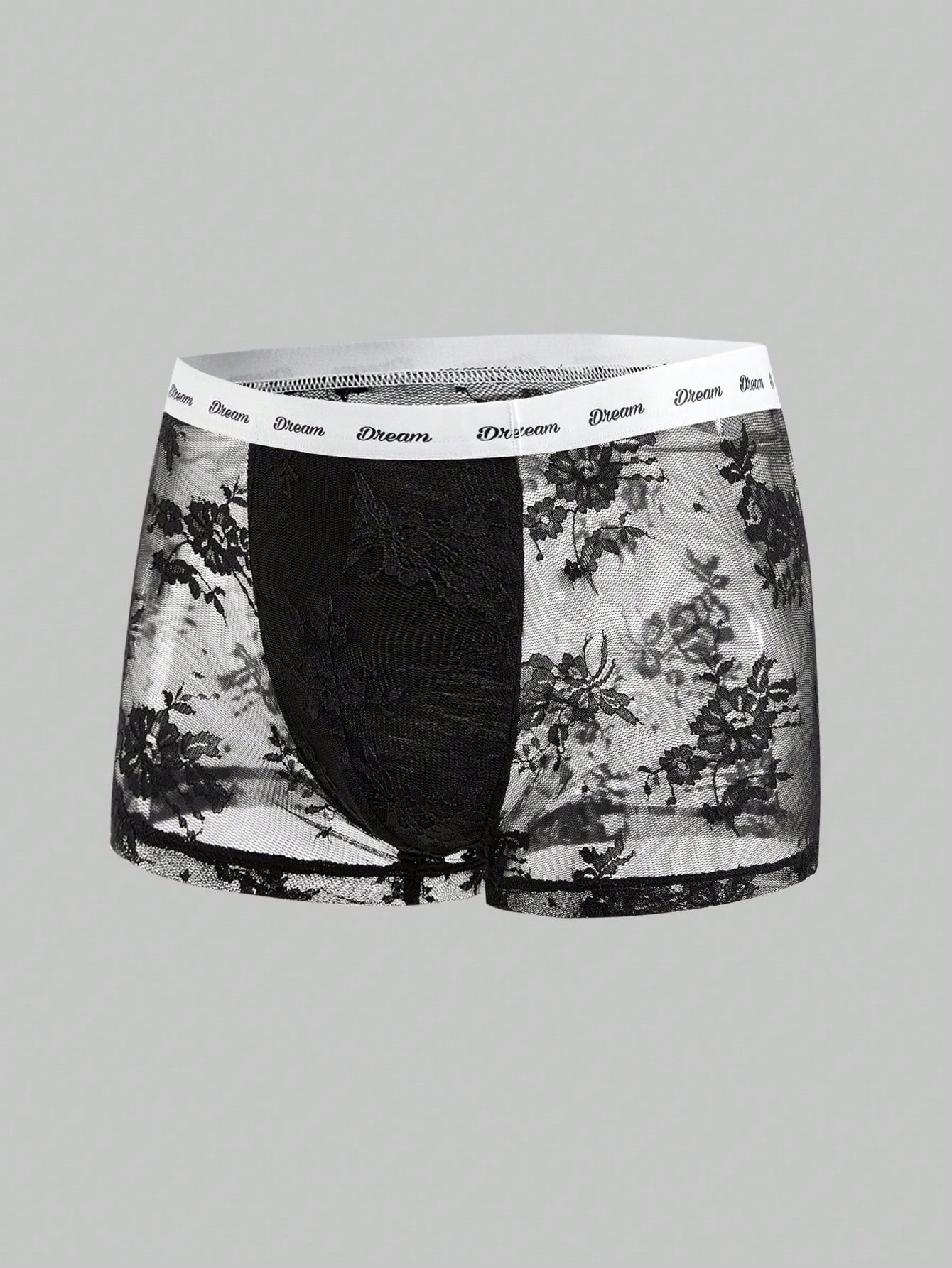 Men's black and white lace trim briefs with letter and plant pattern, regular fit, slight stretch, made from polyamide and elastane.