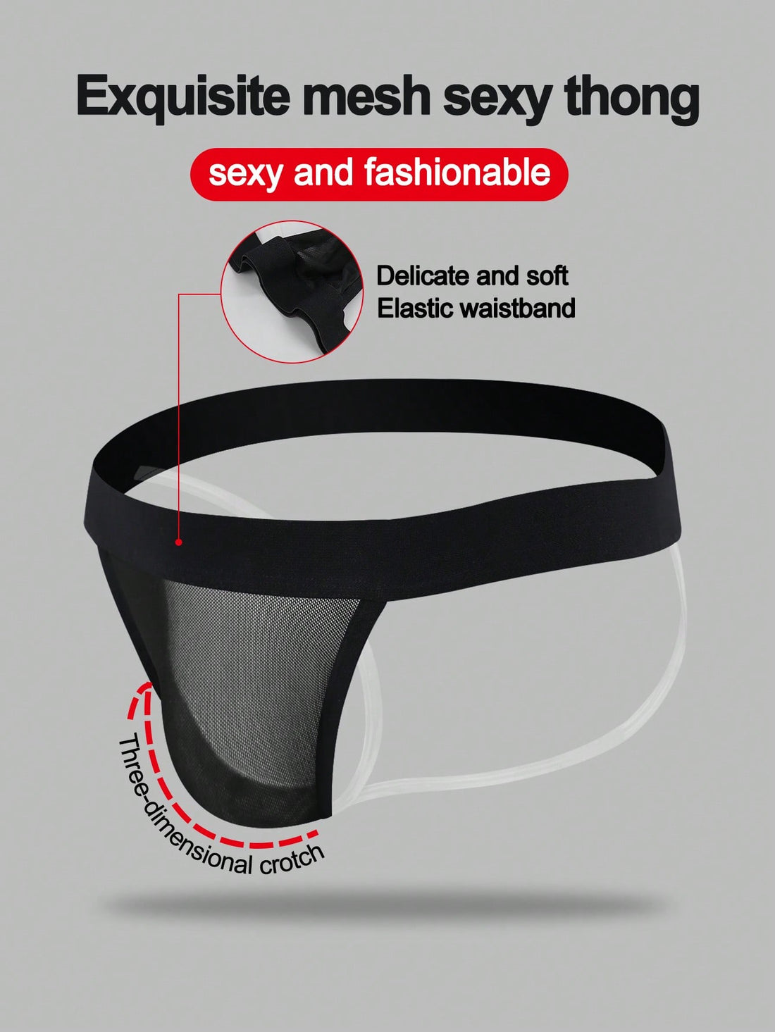 Black men's low rise jockstrap underwear in mesh fabric with colorblock design, medium stretch, and backless crotchless styling.