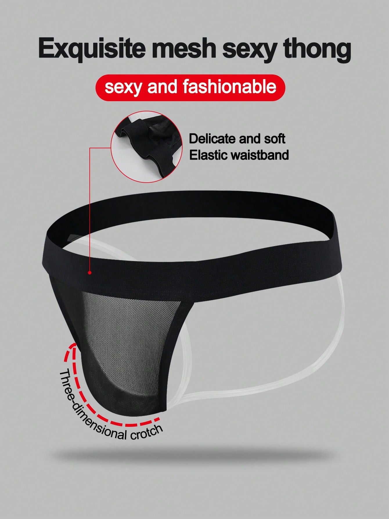 Black men's low rise jockstrap underwear in mesh fabric with colorblock design, medium stretch, and backless crotchless styling.