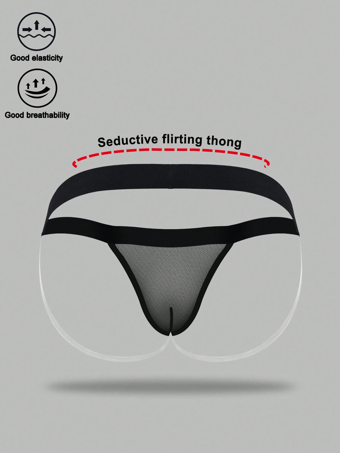 Black men's low rise jockstrap underwear in mesh fabric with colorblock design, medium stretch, and backless crotchless styling.